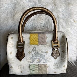 MCM White and Gold Satchel Bag